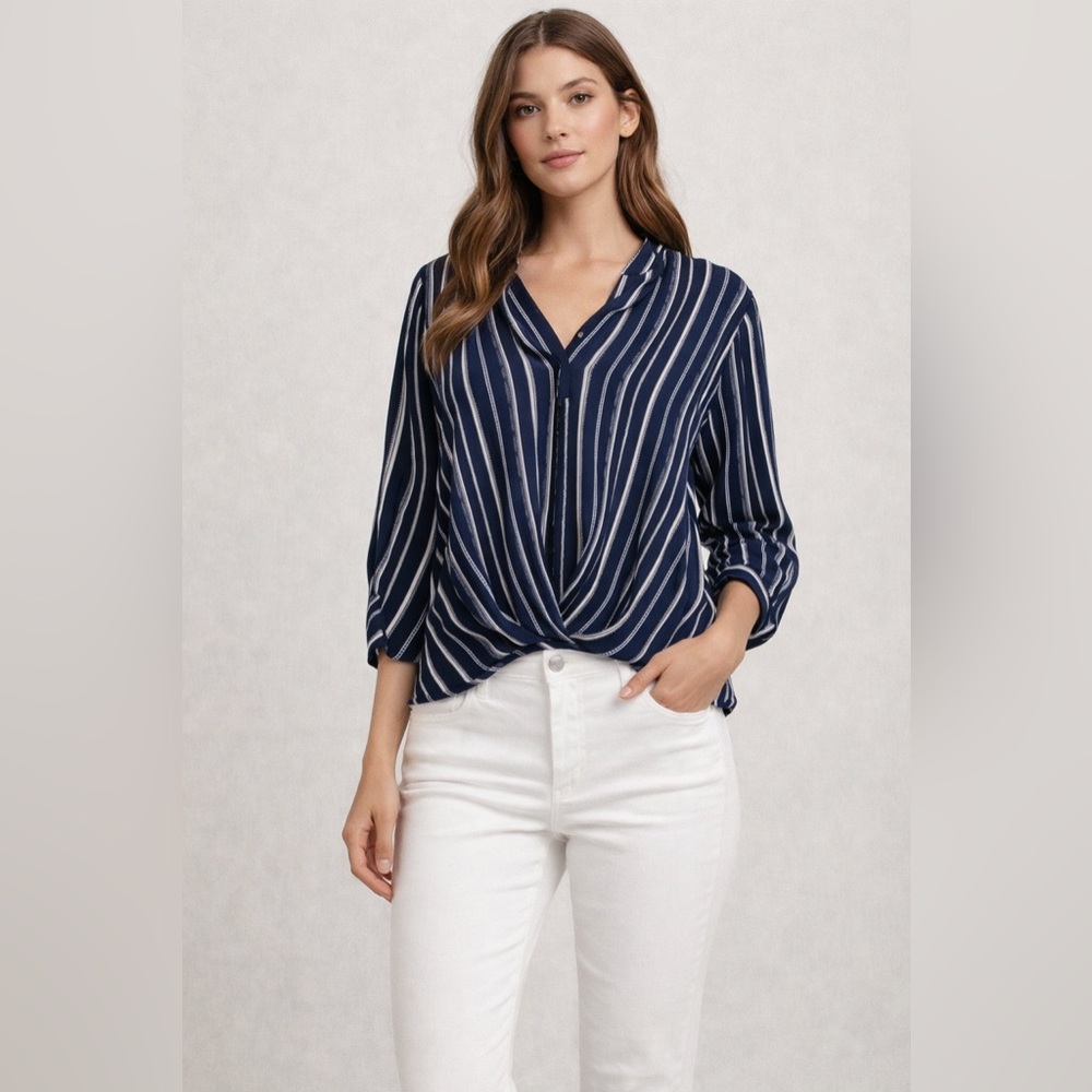 EUC Always Indigo‎ Navy & White Striped Women's Blouse with 3/4” Sleeves, Medium